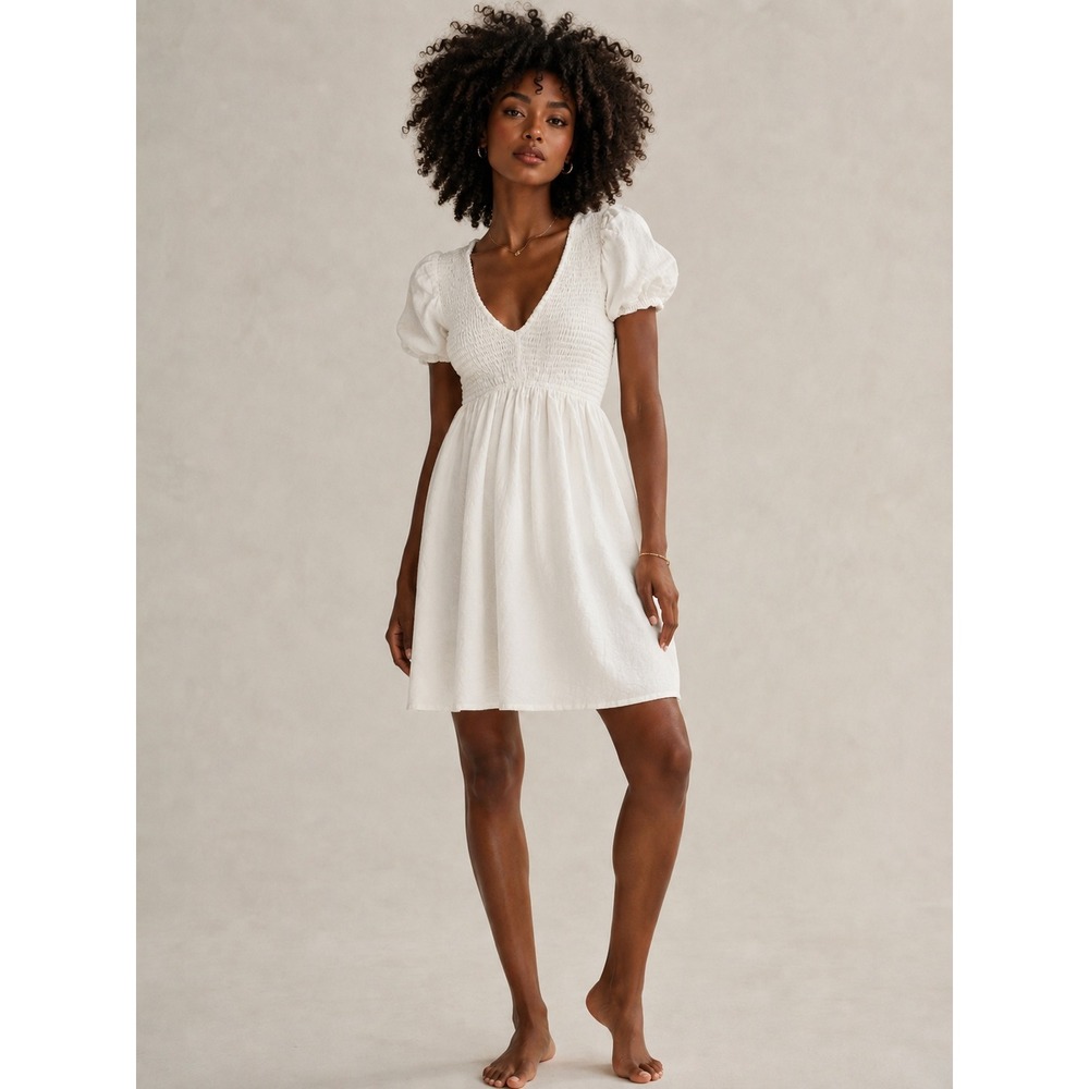 Japna White Smocked Mini Dress Puff Sleeve Boho Cottagecore‎ S